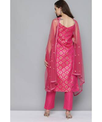 Kvsfab Women Pink & Gold-Toned Ethnic Motifs Kurta with Trousers & Dupatta 2
