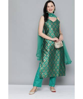 Kvsfab Women Green & Gold-Toned Ethnic Motifs Kurta with Trousers & Dupatta 1