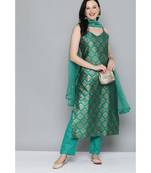 Kvsfab Women Green & Gold-Toned Ethnic Motifs Kurta with Trousers & Dupatta