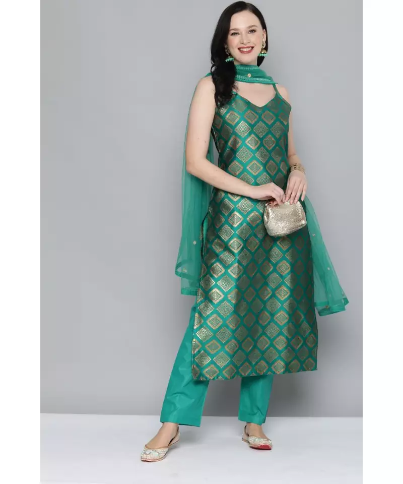 Kvsfab Women Green & Gold-Toned Ethnic Motifs Kurta with Trousers & Dupatta