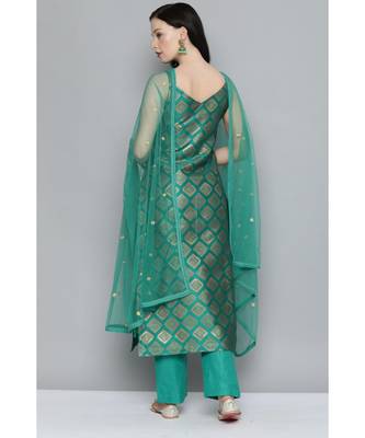 Kvsfab Women Green & Gold-Toned Ethnic Motifs Kurta with Trousers & Dupatta 2