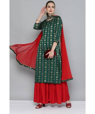 Kvsfab Women Green & Red Ethnic Motifs Kurta with Sharara & Dupatta 1