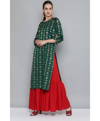 Kvsfab Women Green & Red Ethnic Motifs Kurta with Sharara & Dupatta 2