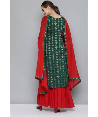 Kvsfab Women Green & Red Ethnic Motifs Kurta with Sharara & Dupatta 3