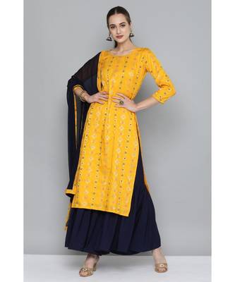 Kvsfab Women Yellow & Navy Blue Ethnic Motifs Kurta with Sharara & Dupatta 1