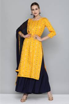 Kvsfab Women Yellow & Navy Blue Ethnic Motifs Kurta with Sharara & Dupatta