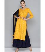 Kvsfab Women Yellow & Navy Blue Ethnic Motifs Kurta with Sharara & Dupatta