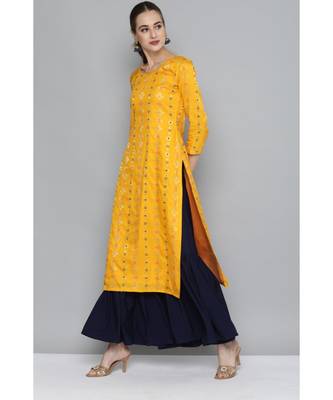 Kvsfab Women Yellow & Navy Blue Ethnic Motifs Kurta with Sharara & Dupatta 2
