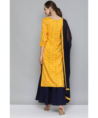 Kvsfab Women Yellow & Navy Blue Ethnic Motifs Kurta with Sharara & Dupatta 3