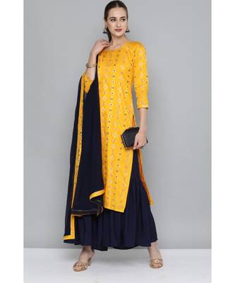 Kvsfab Women Yellow & Navy Blue Ethnic Motifs Kurta with Sharara & Dupatta 4
