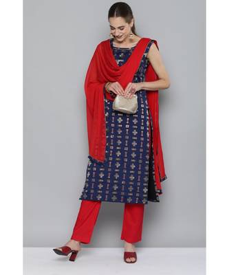 Kvsfab Women Navy Blue & Red Ethnic Motifs Kurta with Trousers & With Dupatta 1