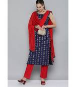 Kvsfab Women Navy Blue & Red Ethnic Motifs Kurta with Trousers & With Dupatta