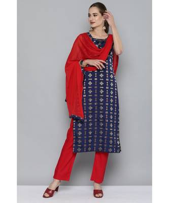 Kvsfab Women Navy Blue & Red Ethnic Motifs Kurta with Trousers & With Dupatta 2