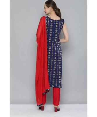 Kvsfab Women Navy Blue & Red Ethnic Motifs Kurta with Trousers & With Dupatta 3