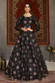 Black foilage print taffeta silk party wear gown