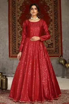 Red foilage print taffeta silk party wear gown