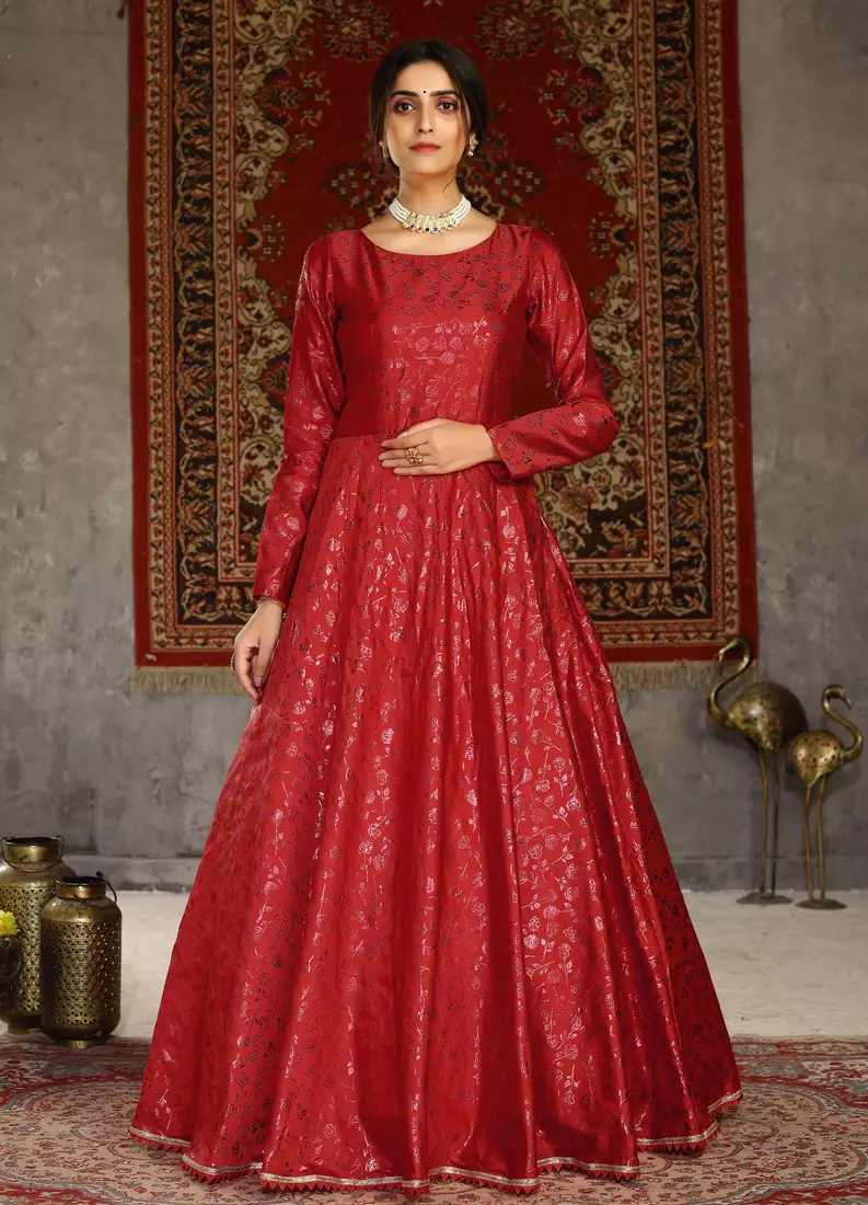 Red foilage print taffeta silk party wear gown