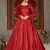 Red foilage print taffeta silk party wear gown