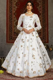 White foilage print taffeta silk party wear gown