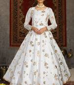 White foilage print taffeta Silk party wear gown