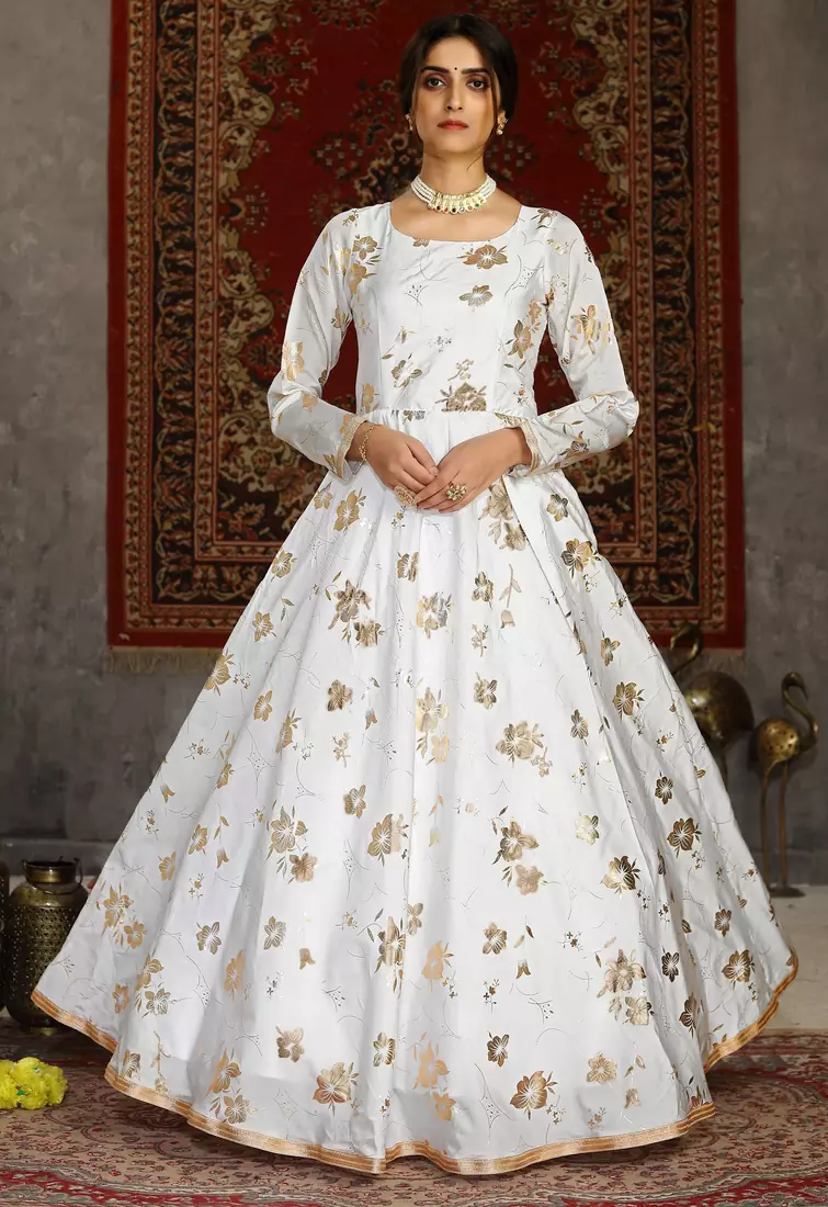 White foilage print taffeta silk party wear gown