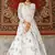 White foilage print taffeta silk party wear gown