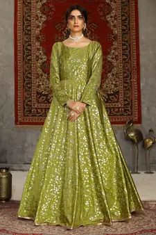 Light-green foilage print taffeta silk party wear gown