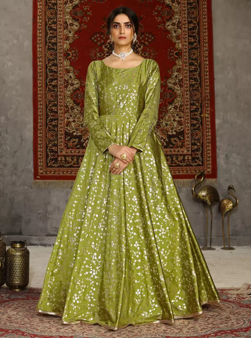 Light-green foilage print taffeta silk party wear gown