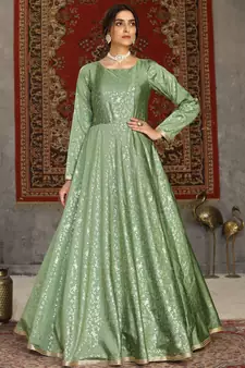 Light-green foilage print taffeta silk party wear gown