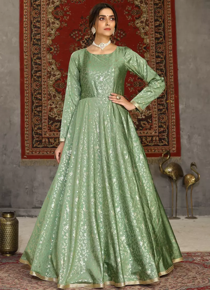 Light-green foilage print taffeta silk party wear gown