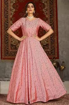 Pink foilage print taffeta silk party wear gown