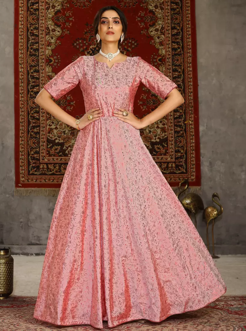 Pink foilage print taffeta silk party wear gown
