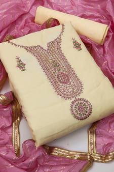 Women'S Light Yellow Modal Chanderi Unstitched Dress Material With Inner