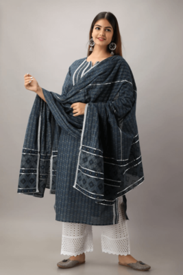 Blue Colour Embroidery Work Cotton Kurta Set 1