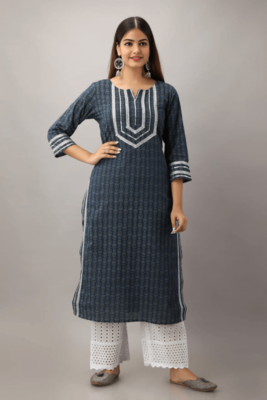Blue Colour Embroidery Work Cotton Kurta Set 2