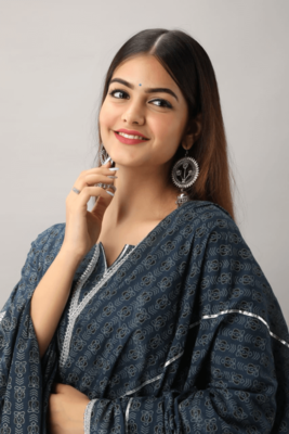 Blue Colour Embroidery Work Cotton Kurta Set 3