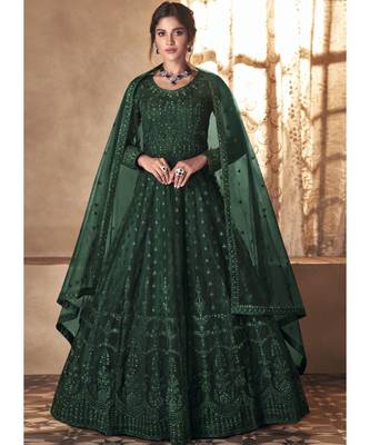 Green Net Embroidery Party Wear Anarkali Suit 1