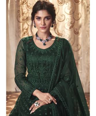 Green Net Embroidery Party Wear Anarkali Suit 3