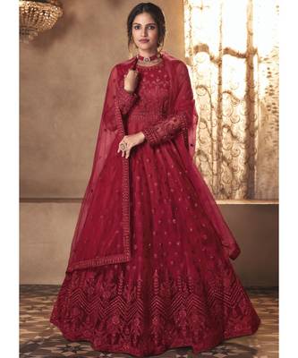 Maroon Net Embroidery Party Wear Anarkali Suit 1