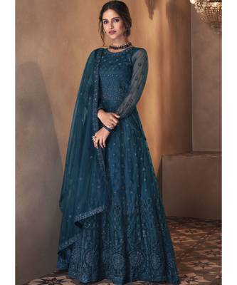 Dark Teal Net Embroidery Party Wear Anarkali Suit 1