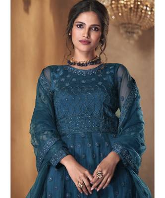 Dark Teal Net Embroidery Party Wear Anarkali Suit 2