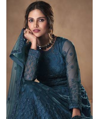 Dark Teal Net Embroidery Party Wear Anarkali Suit 3