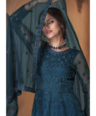 Dark Teal Net Embroidery Party Wear Anarkali Suit 4