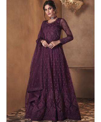 Purple Net Embroidery Party Wear Anarkali Suit 1