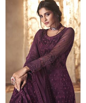Purple Net Embroidery Party Wear Anarkali Suit 2