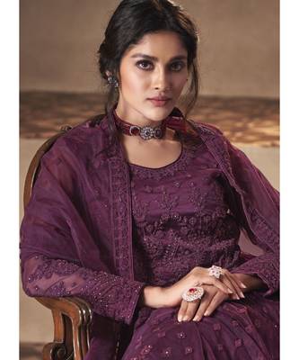 Purple Net Embroidery Party Wear Anarkali Suit 4