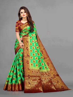 Green woven art silksaree with blouse 1