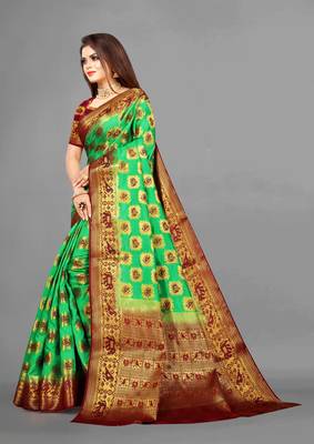 Green woven art silksaree with blouse 2