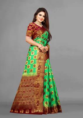 Green woven art silksaree with blouse 4