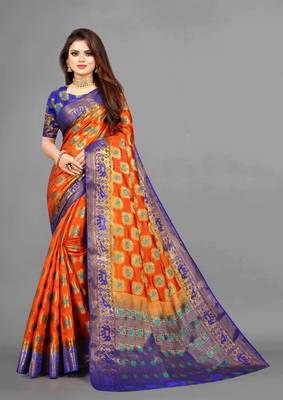 Orange woven art silksaree with blouse 1